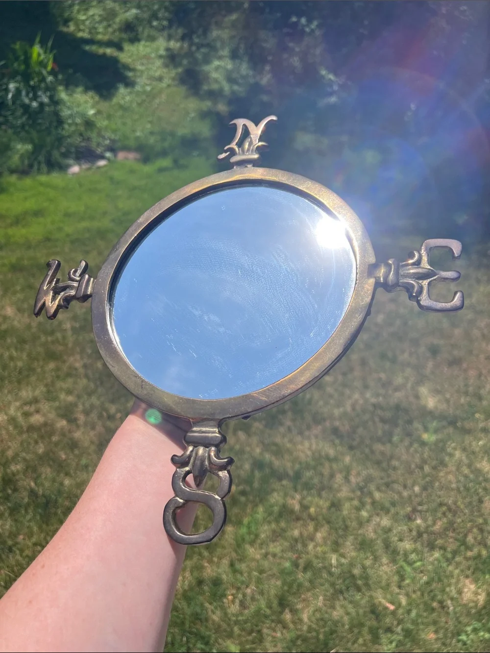 Vintage Antique Nautical Compass Directions Gold Brass Round Wall Mirror